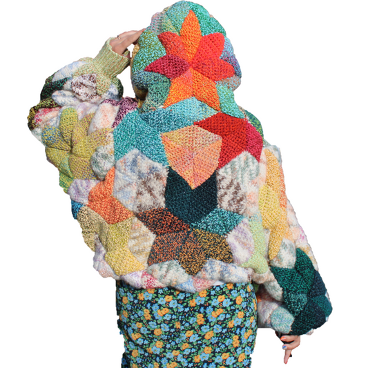 Colorful quilt-like crochet hoodie